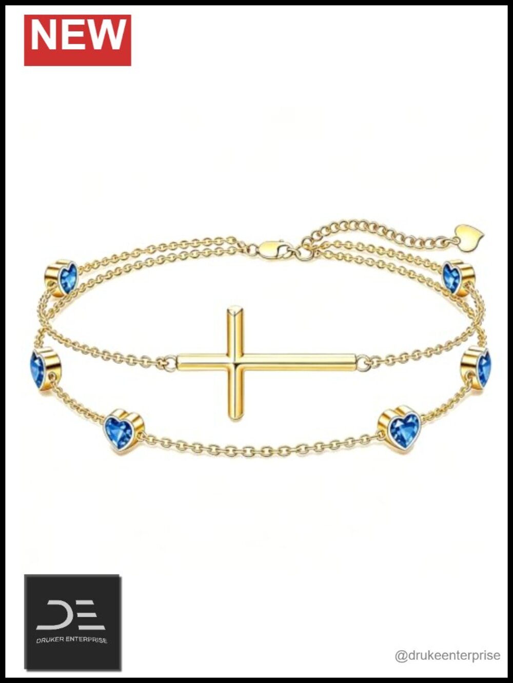 14k Yellow Gold Cross Birthstone Bracelet Anklet Double Layer Charm